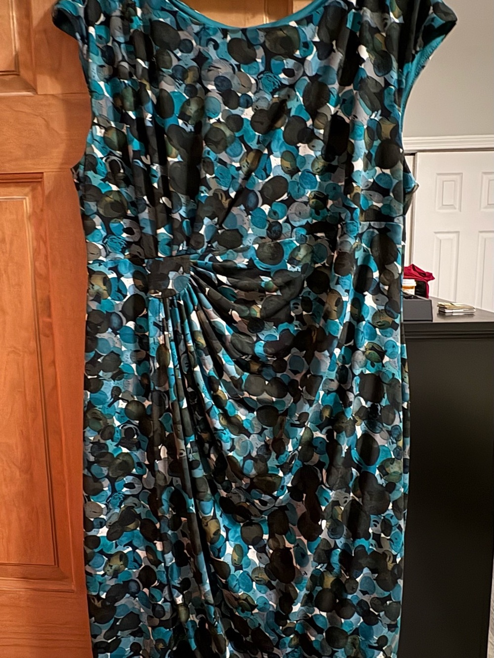 Teal, Black & Olive Abstract Rouched Midi Dress